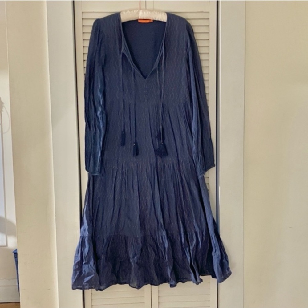 Oliphant Tiered Navy Blue Bronze Bohemian Long Sleeve Summer Dress Size Small